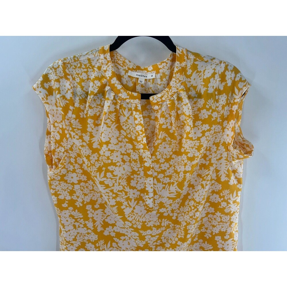 Women's Fun2fun Walden Yellow White Floral Cap Sleeve Top Size M - Picture 2 of 6